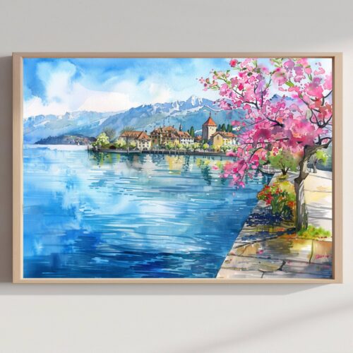 Lake Geneva Switzerland Europe Watercolor Print: Vacation Travel Art Poster