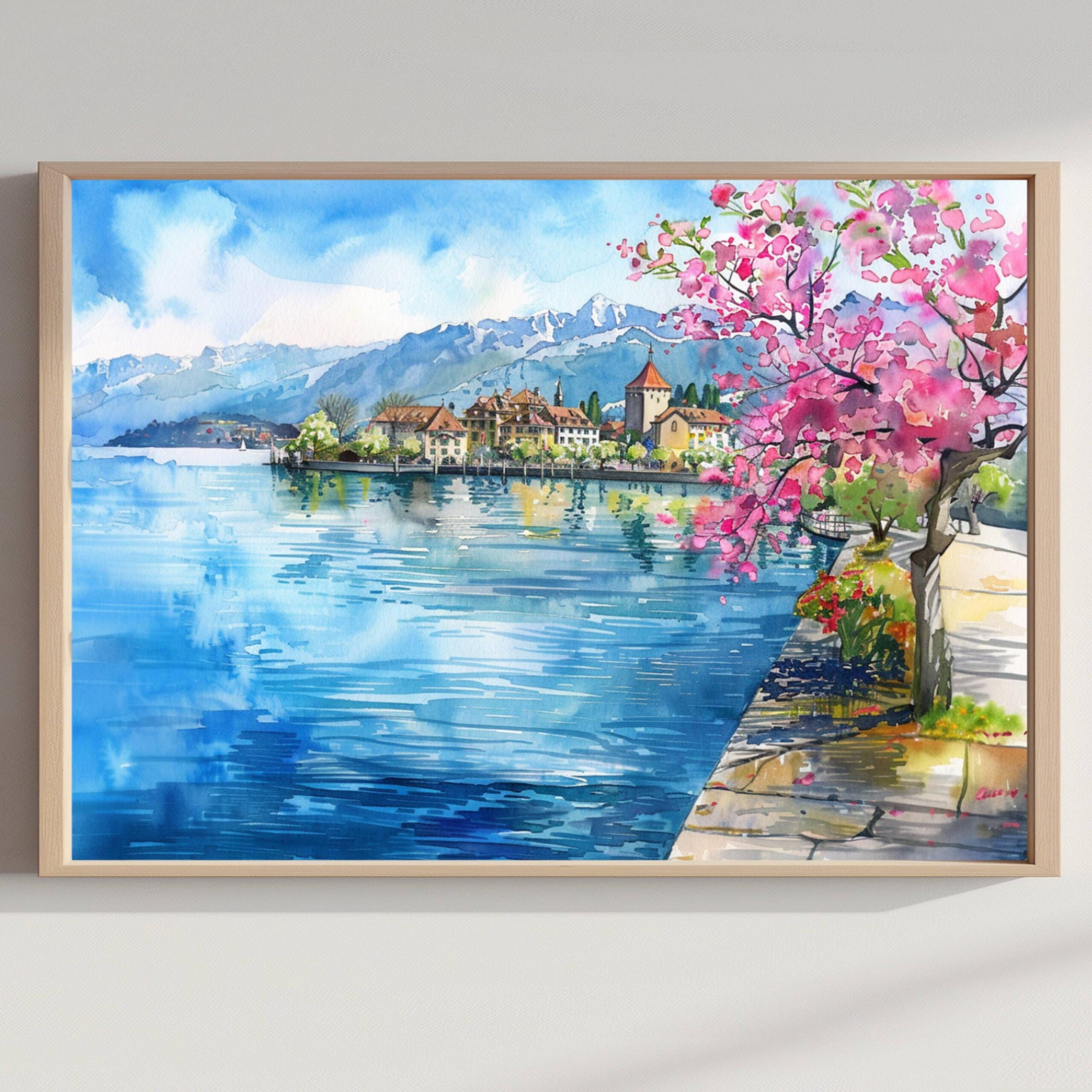 Lake Geneva Switzerland Europe Watercolor Print: Vacation Travel Art Poster