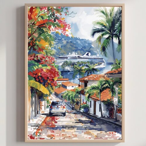 Puerto Vallarta Cruise Mexico North America Watercolor Print: Travel Art Poster