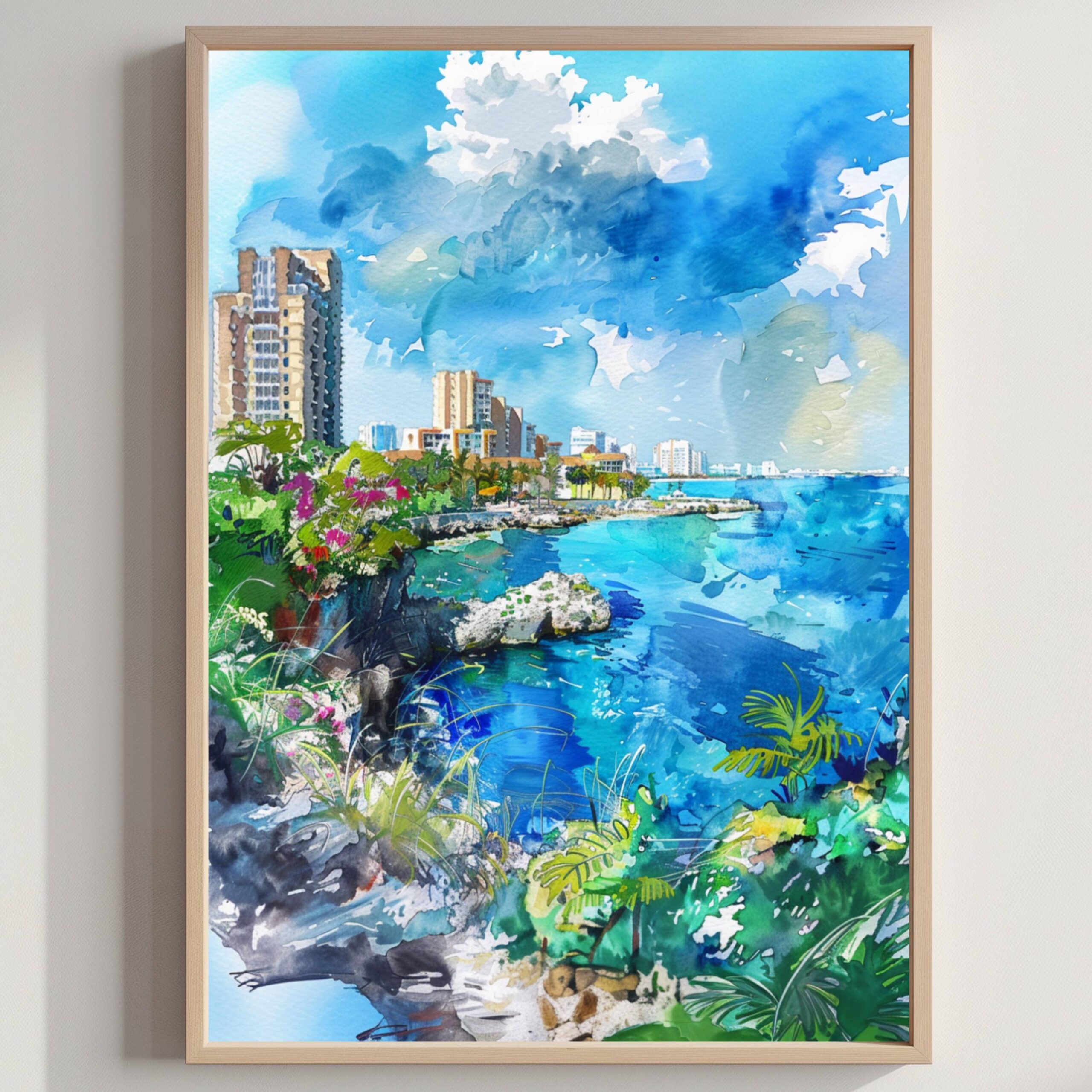 Cancun Mexico Watercolor Print : North America Travel Art Poster
