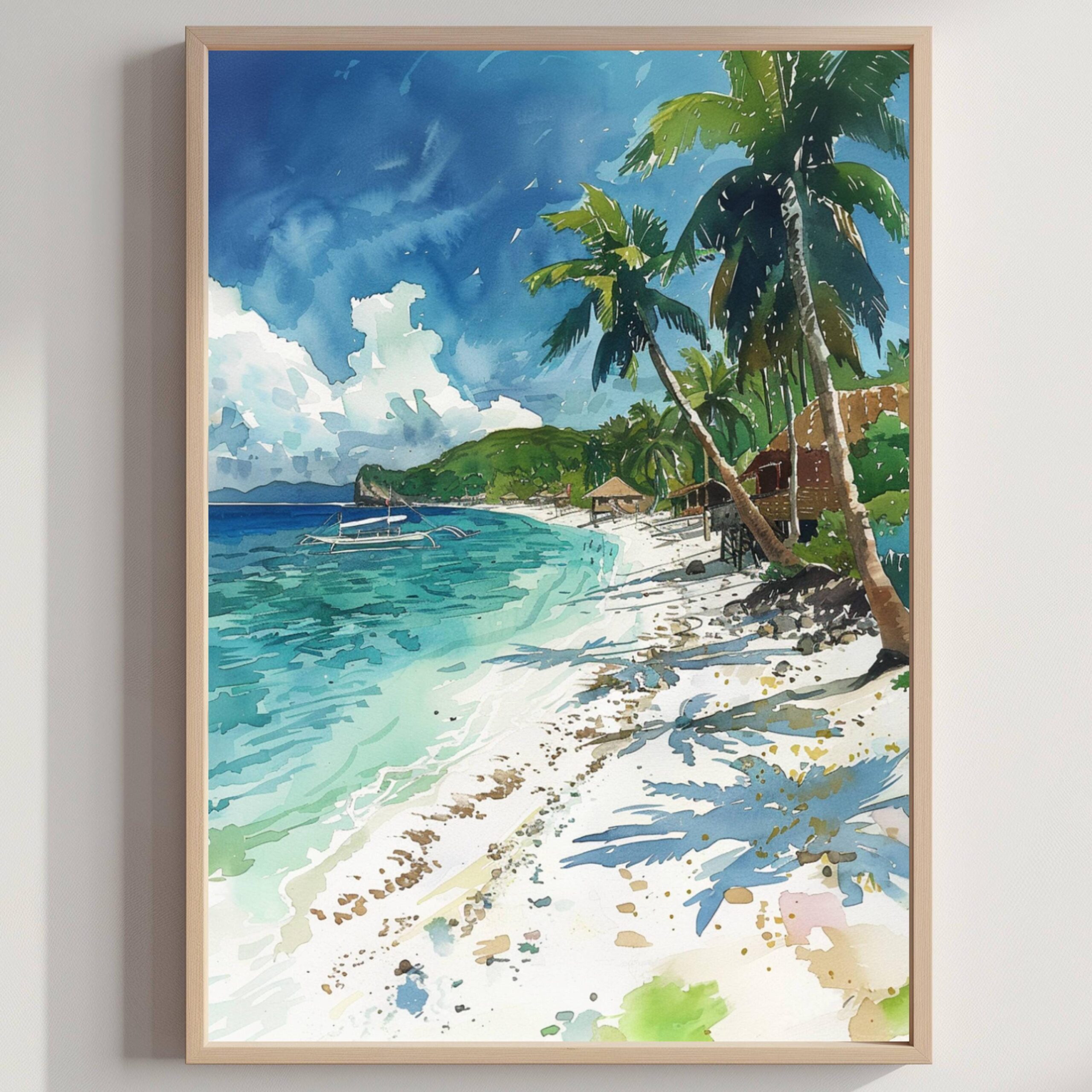 White Beach Boracay Island The Philippines Watercolor Print: Asia Travel Art Poster
