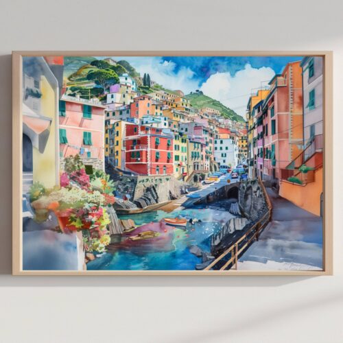 Riomaggiore Cinque Terre Italy Europe Watercolor Print: Travel Art Poster