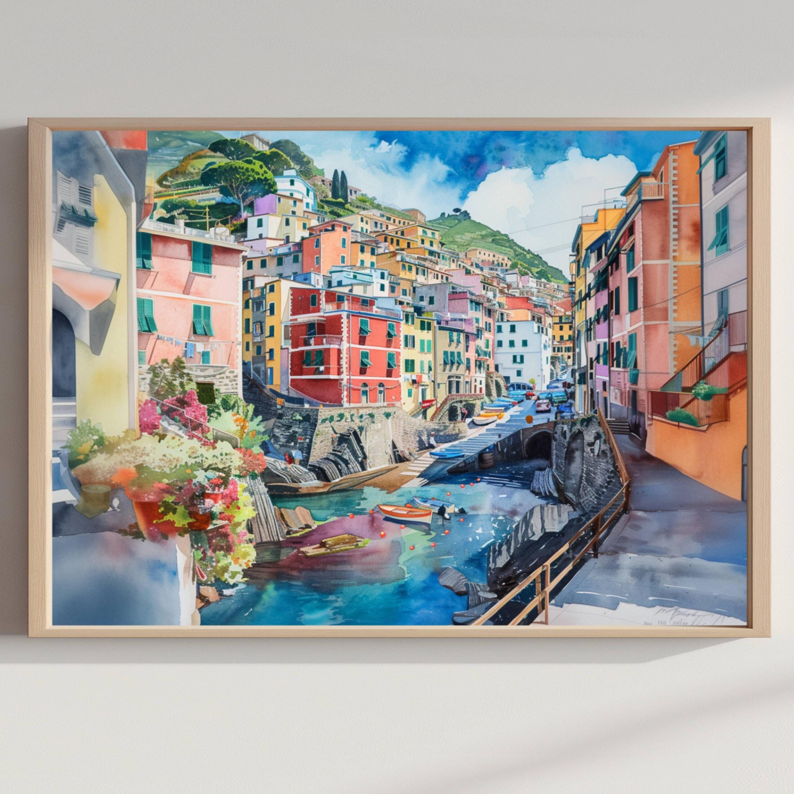 Riomaggiore Cinque Terre Italy Europe Watercolor Print: Travel Art Poster