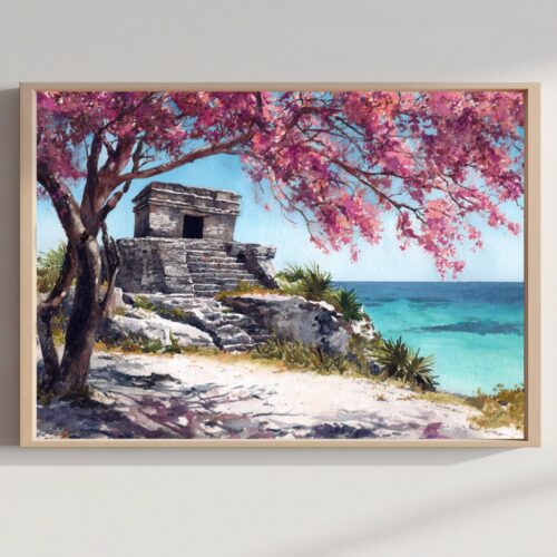 Ixchel Temple Isla Mujeres Mexico Watercolor Print: North America Travel Art Poster
