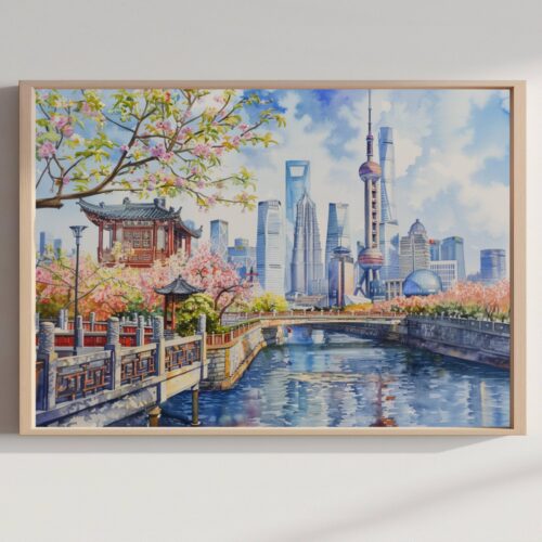 Shanghai China Watercolor Print: Asia Travel Art Poster