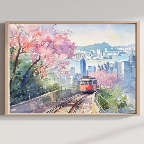 Victoria Peak Hong Kong China Watercolor Print: Asia Travel Art Poster