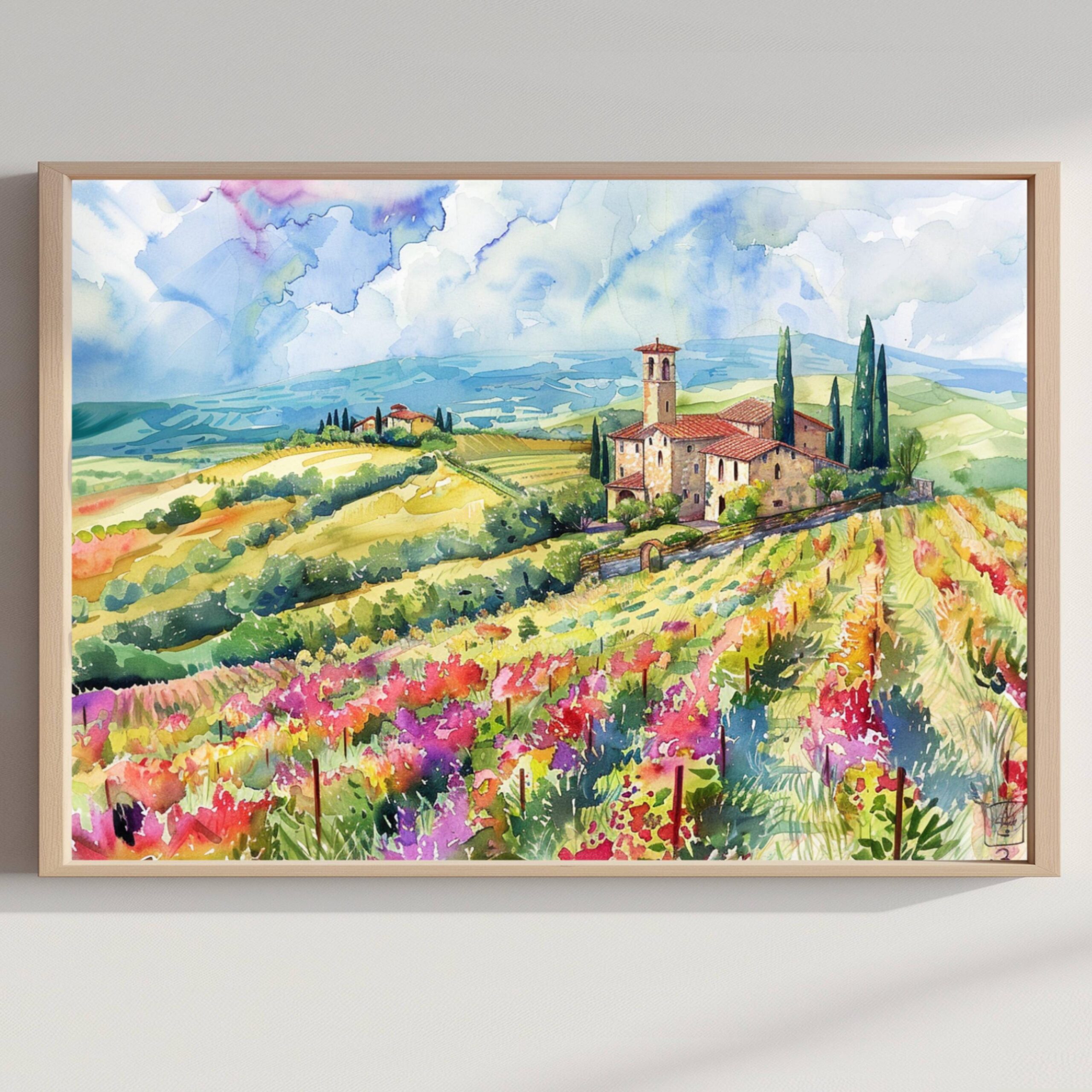 Tuscany Italy Watercolor Print: Europe Travel Art Poster