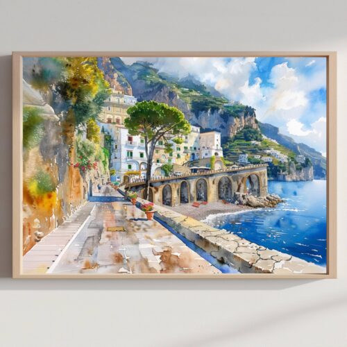 Atrani Amalfi Coast Italy Watercolor Print: Europe Travel Art Poster