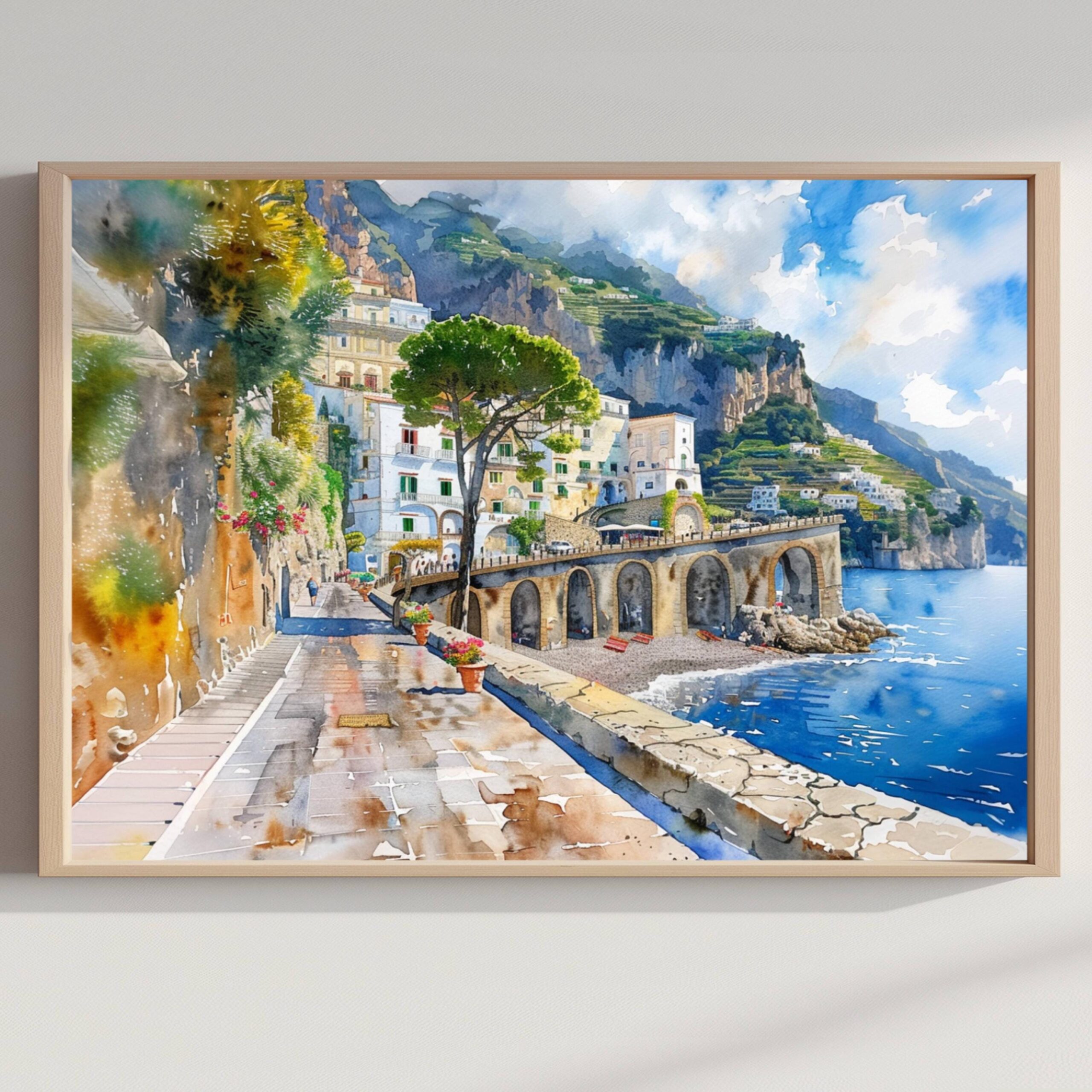 Atrani Amalfi Coast Italy Watercolor Print: Europe Travel Art Poster