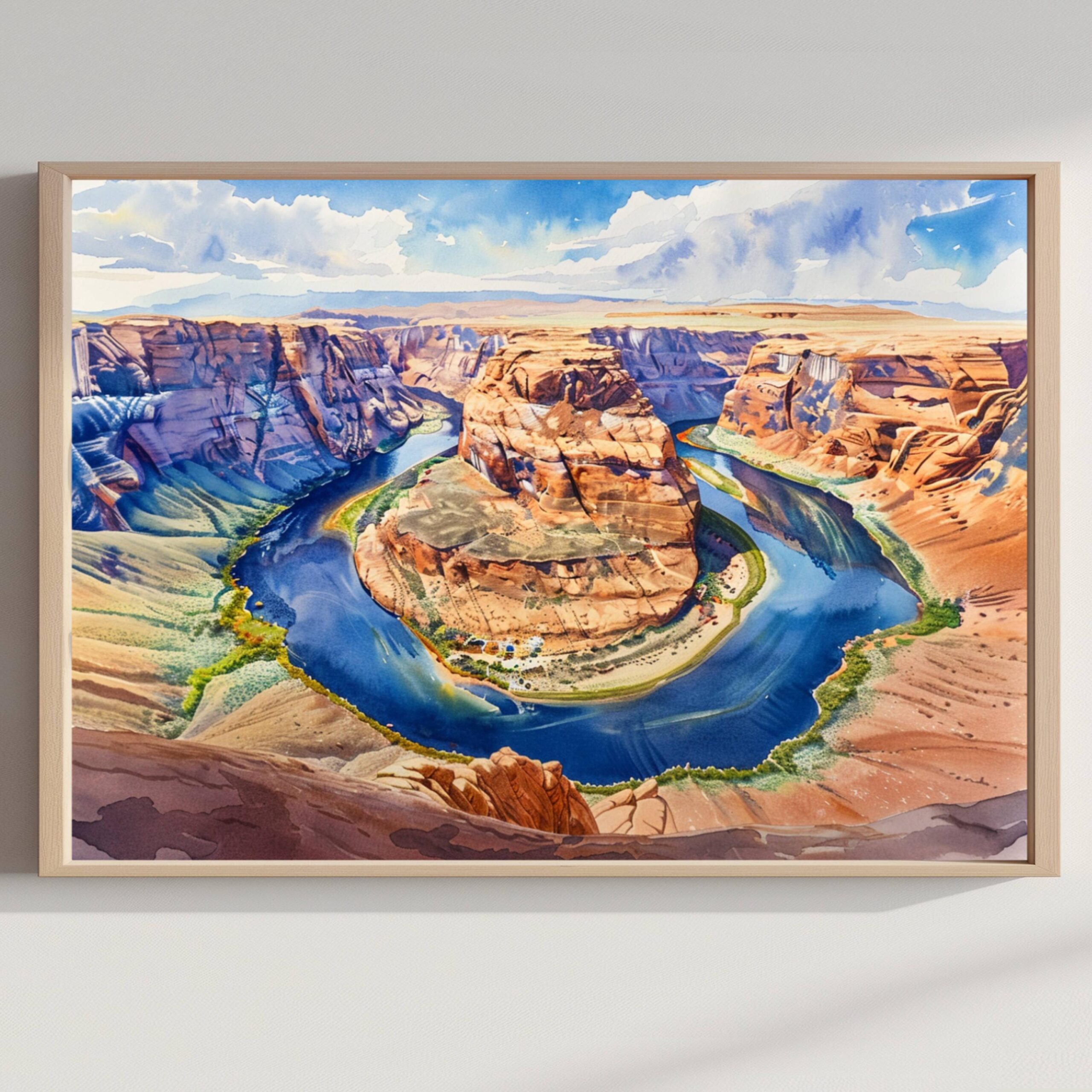 Horseshoe Bend Colorado River Arizona USA Watercolor Print: Travel Art Poster