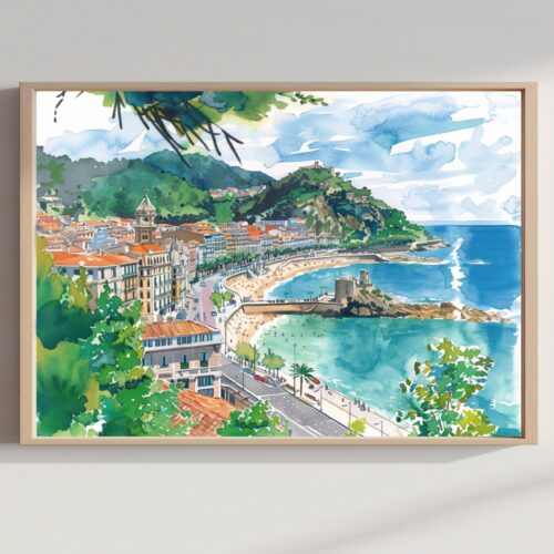 Donastia - San Sebastian Spain Watercolor Print: Europe Travel Art Poster