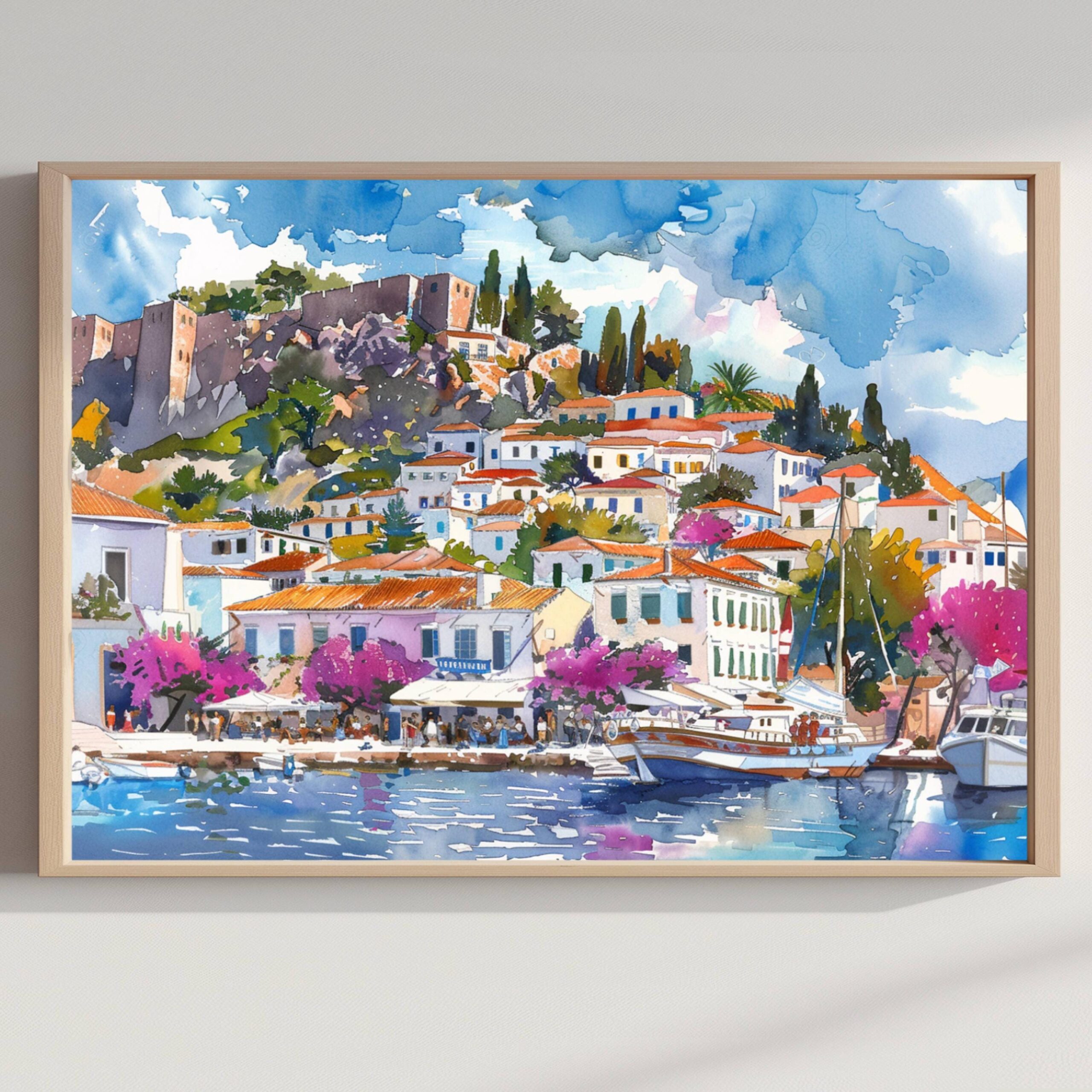 Hydra Greece Watercolor Print: Greek Travel Art Poster