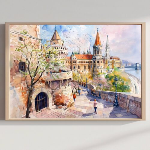 Fisherman's Bastion Budapest Hungary Watercolor Print: Europe Travel Art Poster