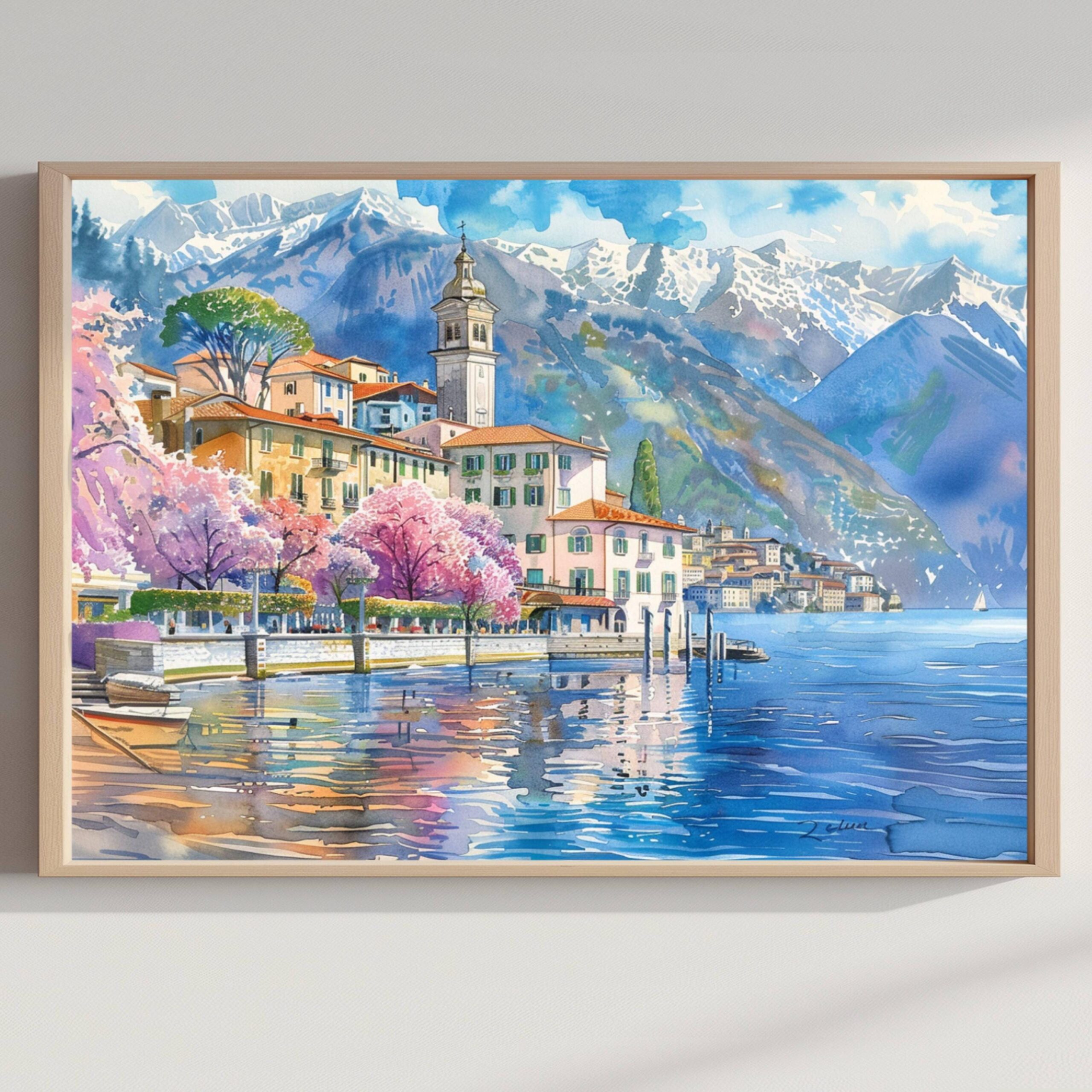 Bellagio Lake Como Italy Watercolor Print: Europe Travel Art Poster