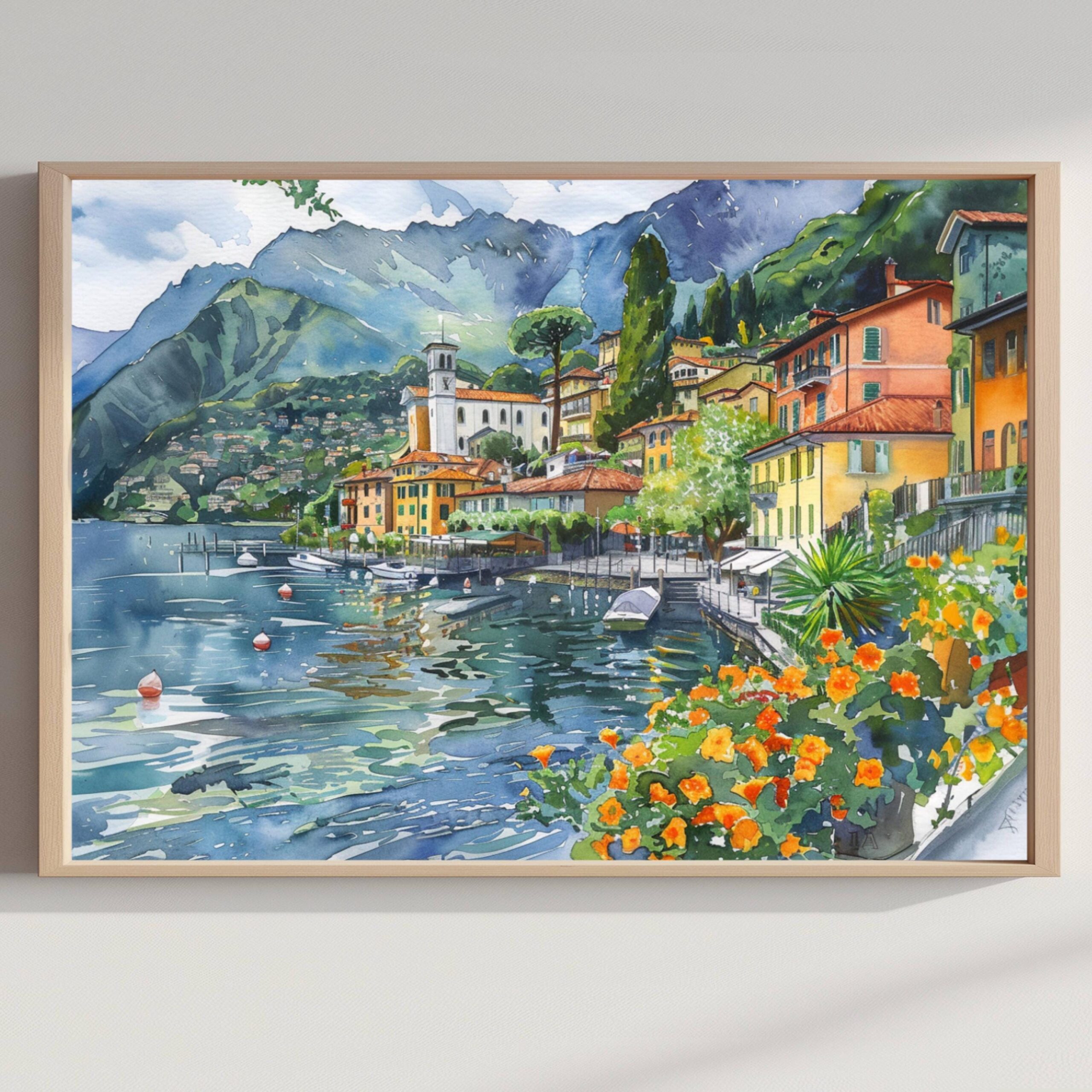 Lenno Lake Como Italy Watercolor Print: Europe Travel Art Poster