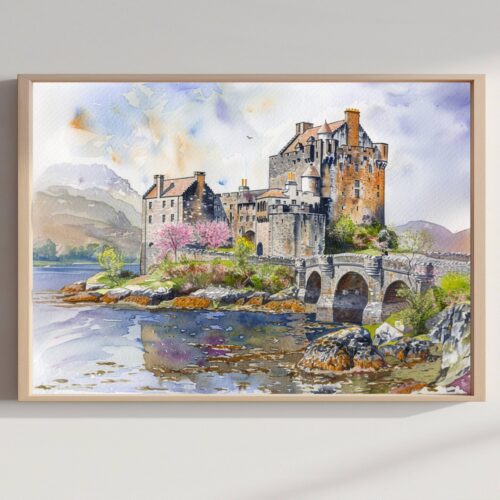 Eilean Donan Castle Scotland United Kingdom Watercolor Print: Scotland Travel Art Poster