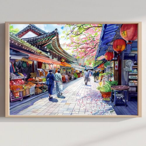 Gwangjang Market Seoul South Korea Asia Watercolor: Asian Travel Art Poster