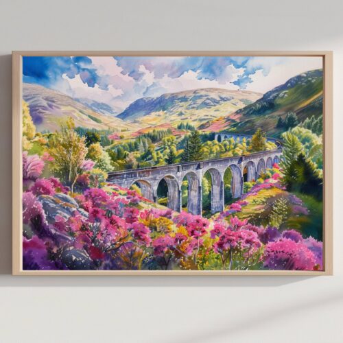 Glenfinnan Viaduct Scotland Watercolor: Scottish Travel Art Poster