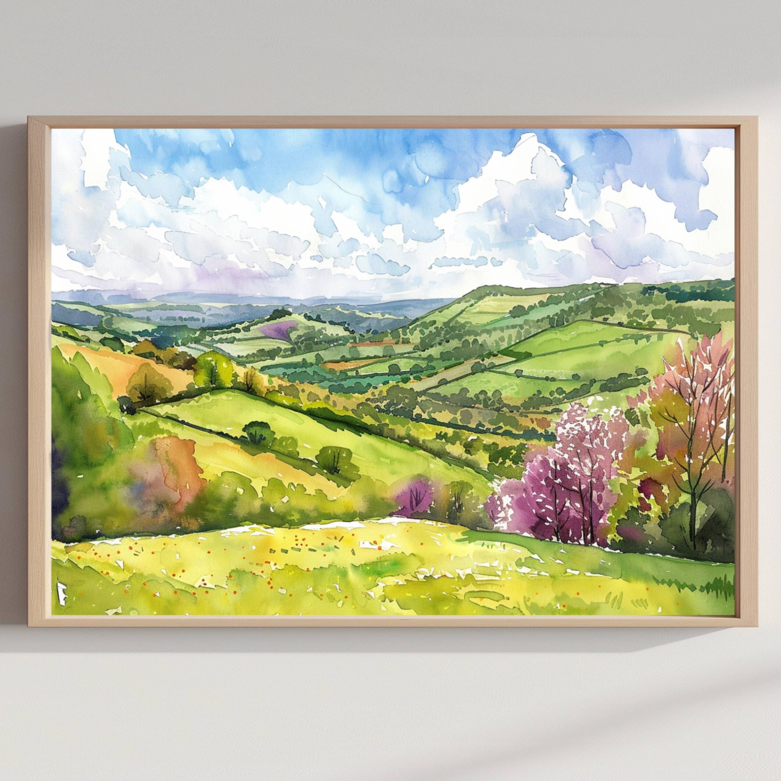 The Shropshire Hills England Watercolor Print: United Kingdom Travel Art Poster