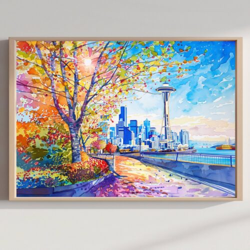 Seattle Washington United States of America Watercolor: Travel Art Poster