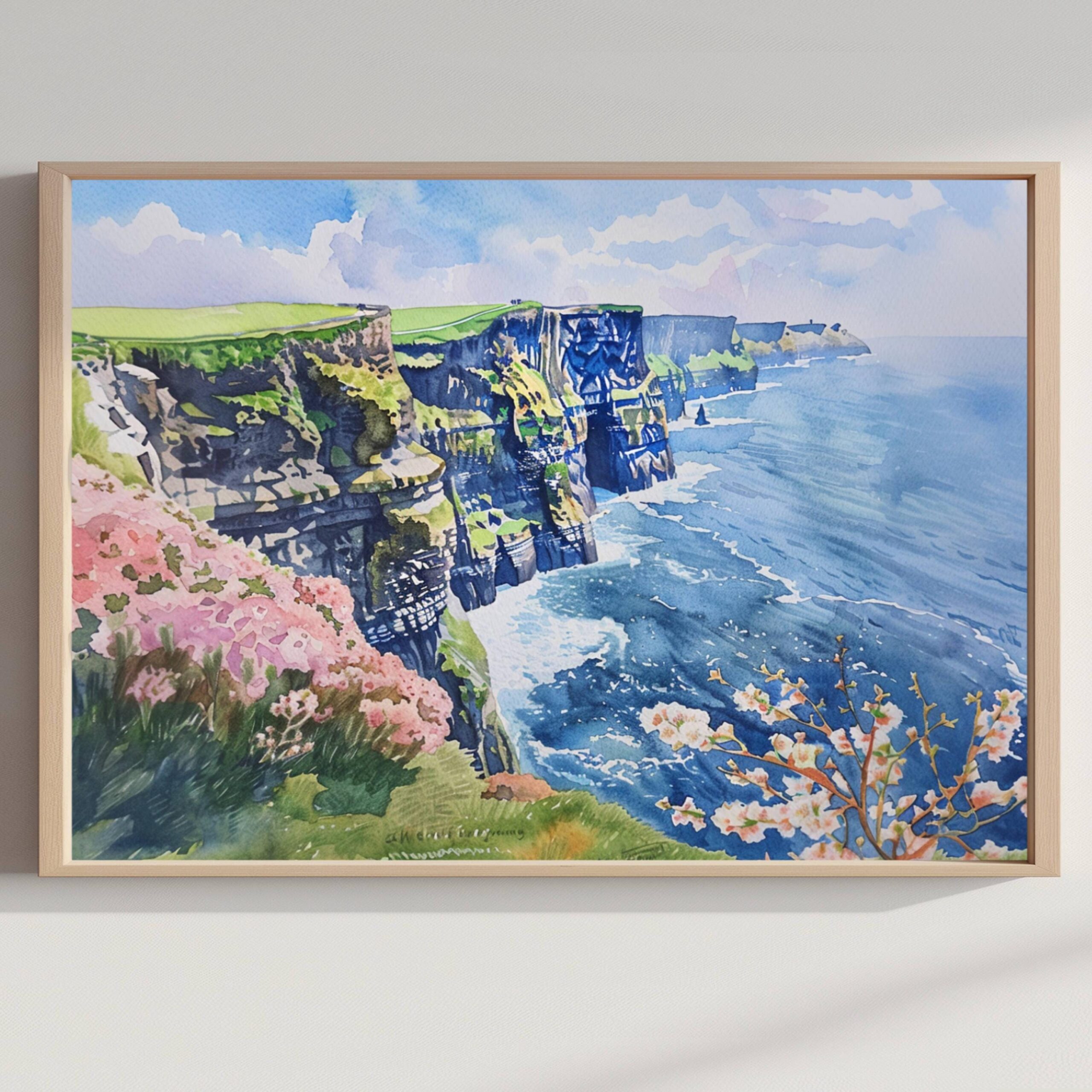Cliffs of Moher Republic of Ireland Watercolor Print: Europe Travel Art Poster