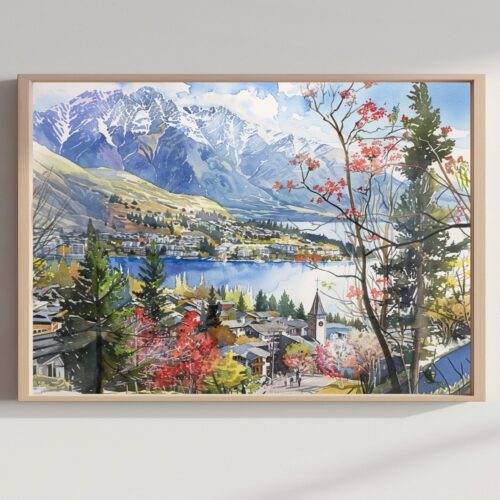 Queenstown New Zealand Watercolor Print: Travel Art Poster