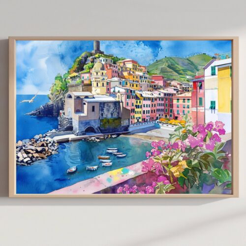 Vernazza Cinque Terre Italy Europe Watercolor Print: Travel Art Poster