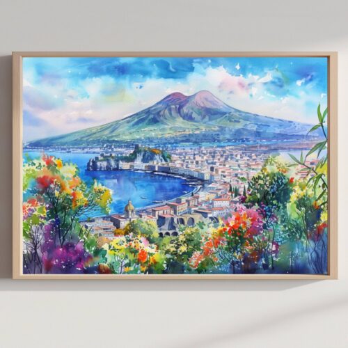 Mount Vesuvius Naples Italy Europe Watercolor Print: Travel Art Poster