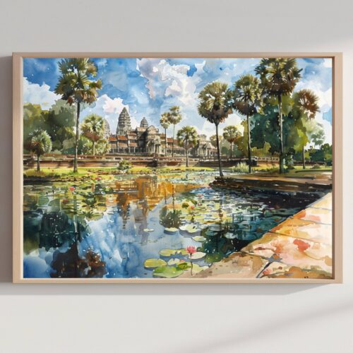 Angkor Wat Hindu Temple Siem Reap Cambodia Asia Watercolor: Asian Travel Art Poster