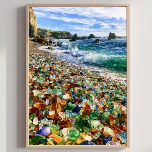 Glass Beach Fort Bragg California USA Watercolor Print: American Travel Poster