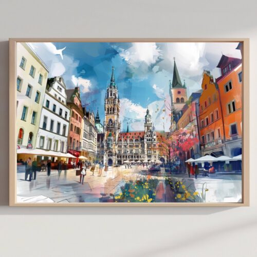 Marienplatz Munich Germany Watercolor Print: Europe Travel Art Poster