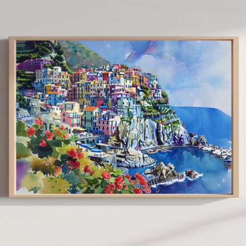 Manarola Cinque Terre Italy Europe Watercolor Print: Travel Art Poster