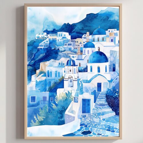 Santorini Island Greece Watercolor: Greek Travel Art Poster