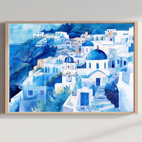 Santorini Island Greece Watercolor: Greek Travel Art Poster
