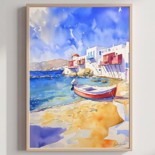 Chora on Mykonos Island Greece Watercolor: Greek Travel Art Poster