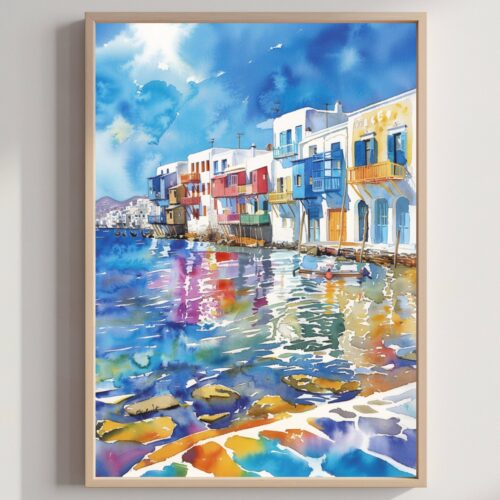 Little Venice on Mykonos Island Greece Watercolor: Greek Travel Art Poster