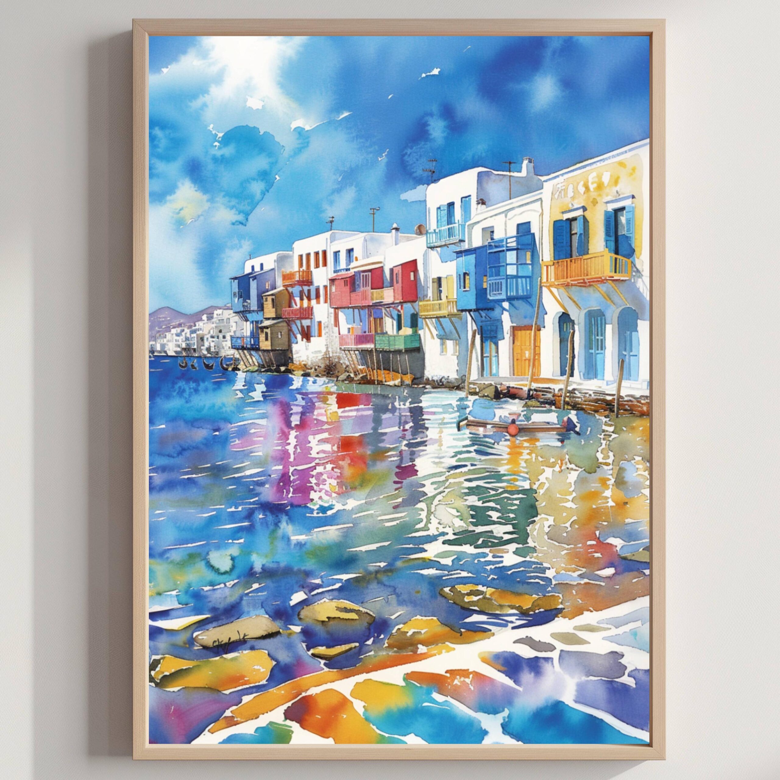 Little Venice on Mykonos Island Greece Watercolor: Greek Travel Art Poster