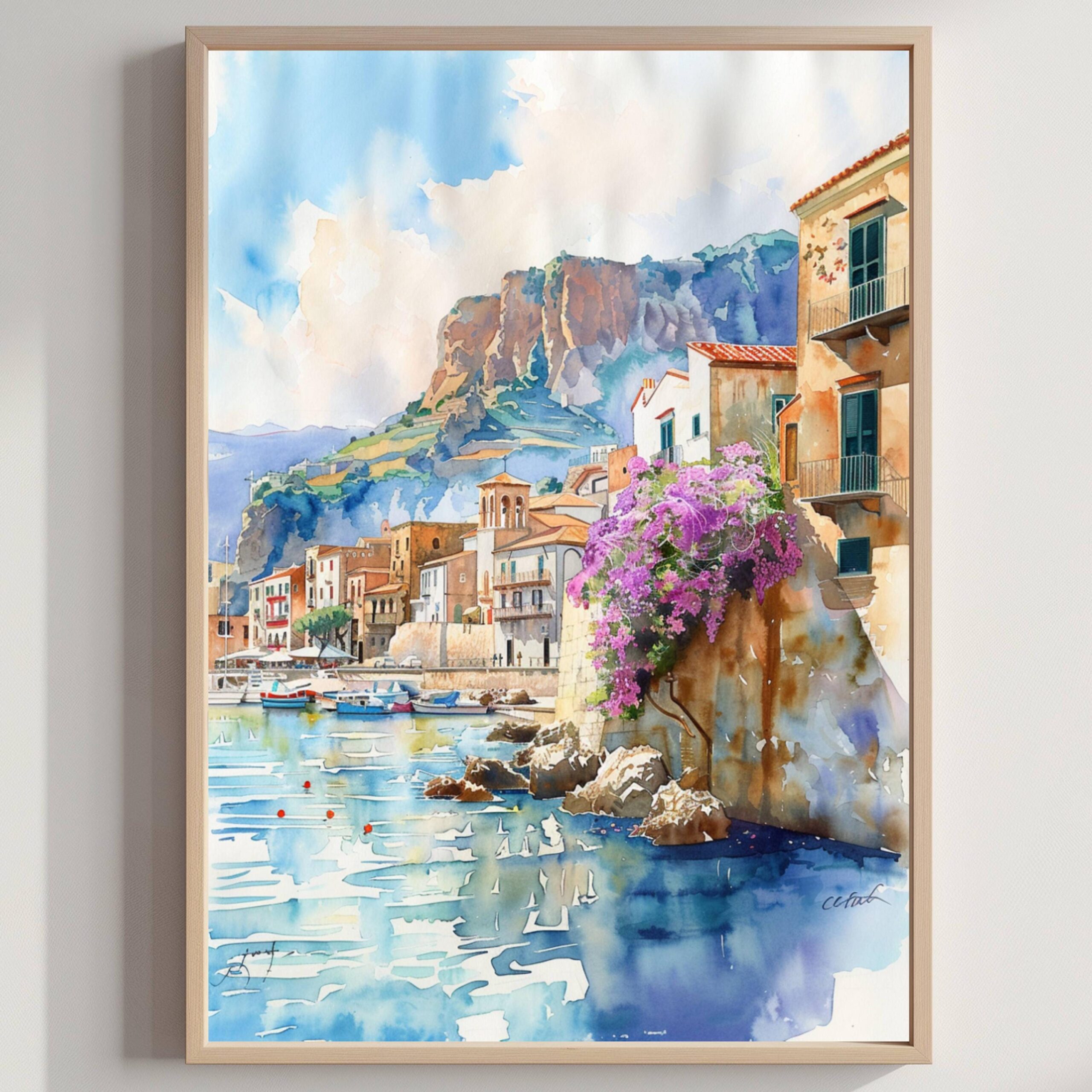 Cefalu Sicily Italy Europe Watercolor Print: Italian Travel Art Poster