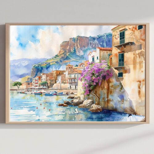 Cefalu Sicily Italy Europe Watercolor Print: Italian Travel Art Poster