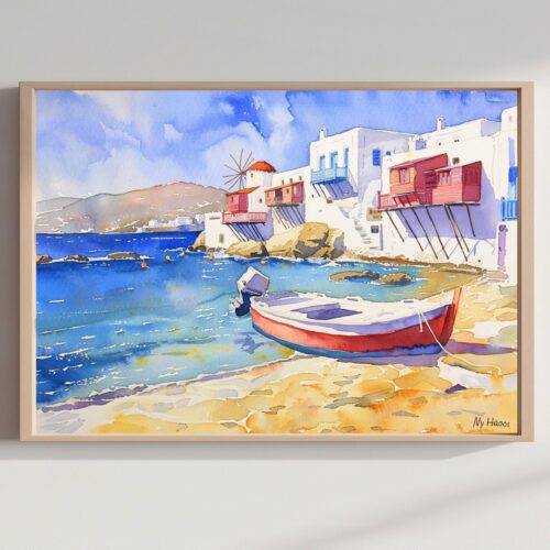 Chora Mykonos Island Greece Watercolor: Greek Travel Art Poster