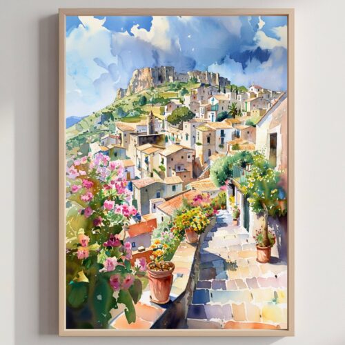Taormina Sicily Italy Watercolor: Italian Travel Art Poster