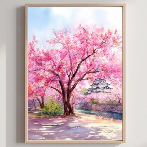 Cherry Blossom Hirosaki Japan Asia Watercolor Print: Japanese Travel Art Poster