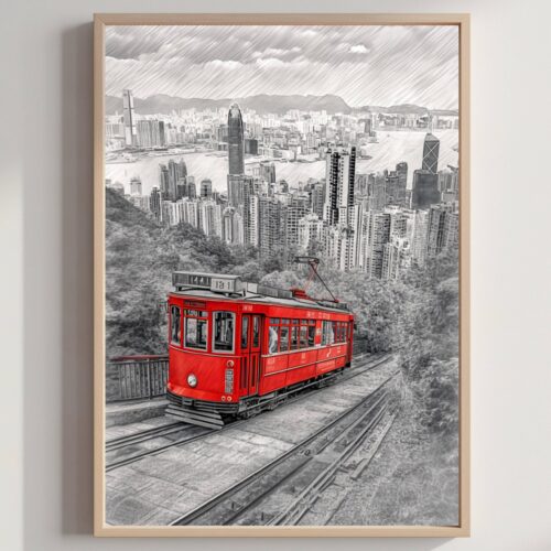 Victoria Peak Hong Kong China Pencil Sketch Print: Asia Travel Art Poster