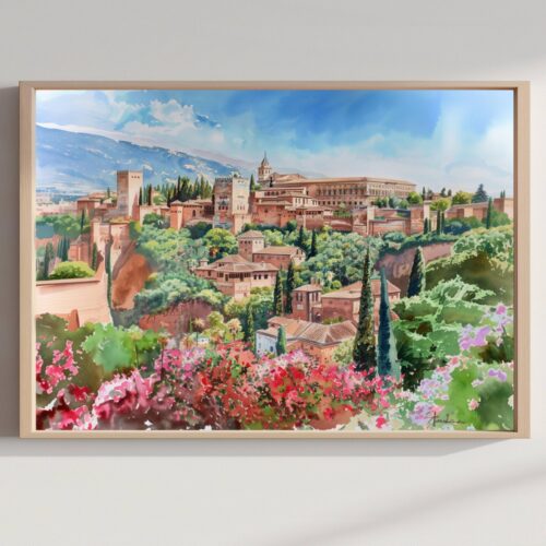 Alhambra Palace Granada Spain Watercolor Print: Europe Travel Art Poster