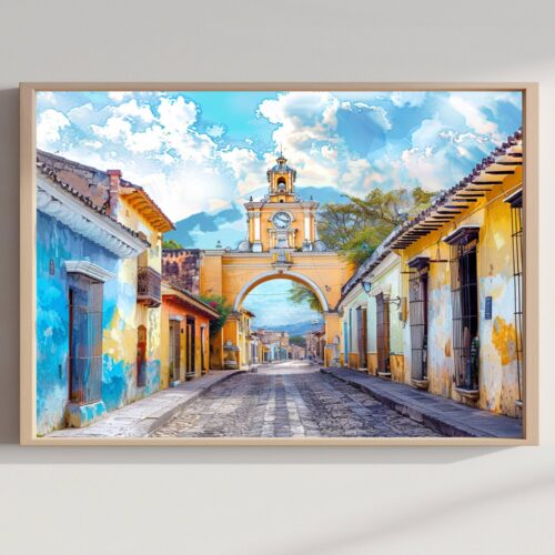 Arch of Santa Catalina Antigua Guatemala Central America Watercolor: Travel Art Poster