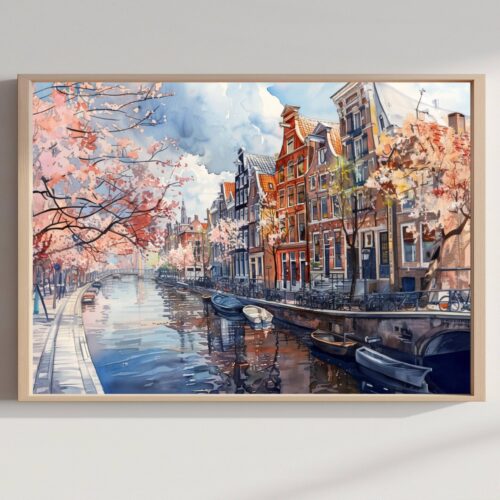 Amsterdam The Netherlands (Holland) Europe Watercolor: Dutch Art Travel Poster Print