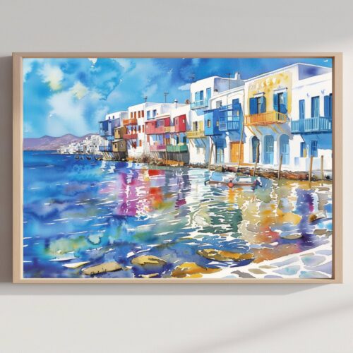 Little Venice on Mykonos Island Greece Watercolor: Greek Travel Art Poster