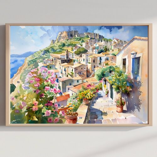 Taormina Sicily Italy Watercolor: Italian Travel Art Poster