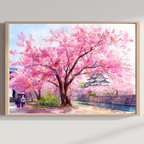Cherry Blossom Hirosaki Japan Asia Watercolor Print: Japanese Travel Art Poster