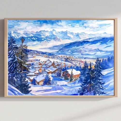 Crans-Montana Switzerland Europe Watercolor Print: Vacation Travel Art Poster